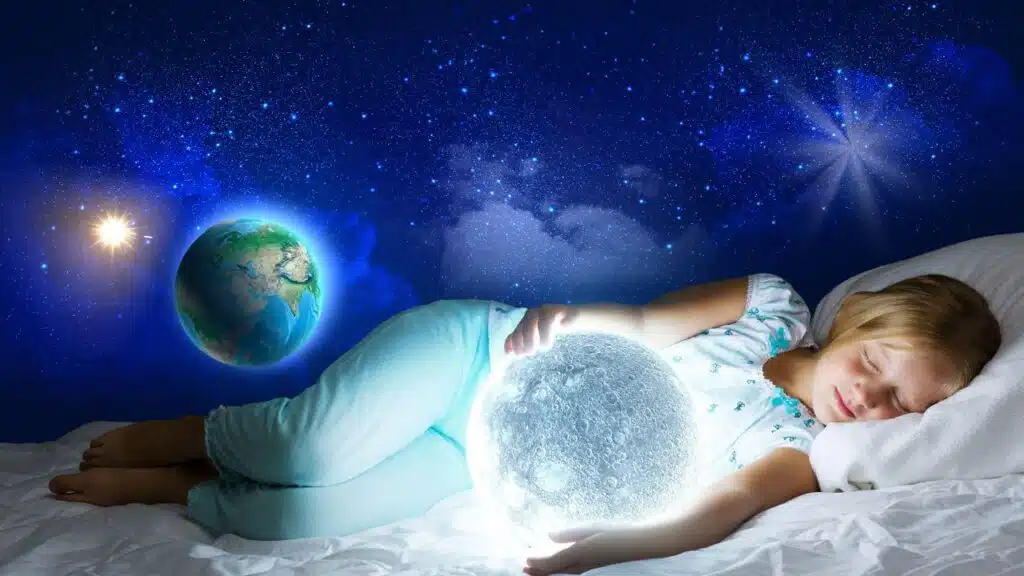 girl sleeping on a bed holding moon in his hand abck gound looks space and earth and other stars in it