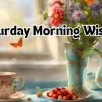 Saturday Morning Wishes written in black colour with a white stroke the image is beautiful a cup and 2 flower pots 2 butterflies flying over the cup